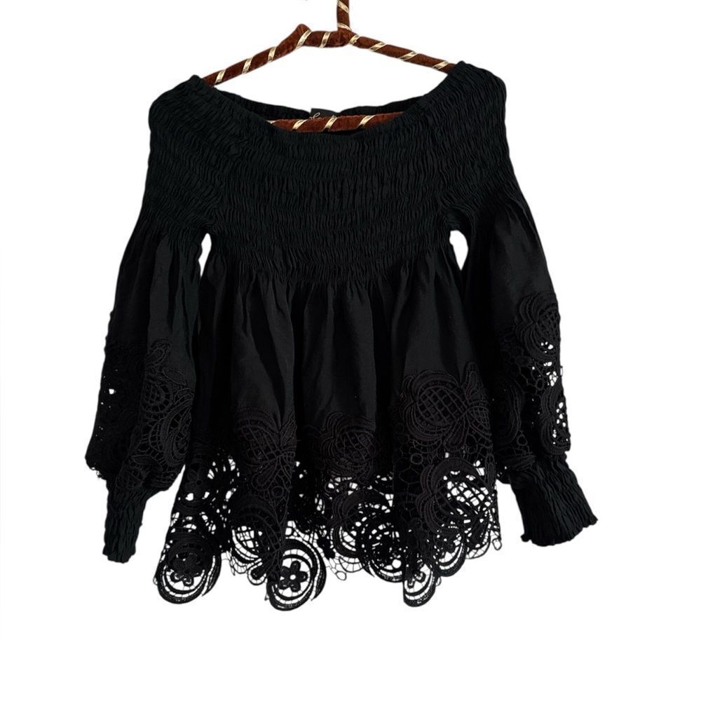 Lola P. Elegant Black Lace Off-Shoulder Blouse EUC